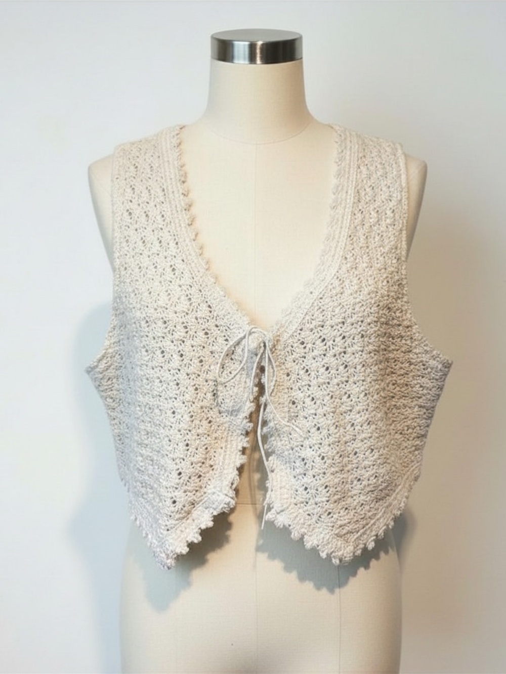 Vintage Landon West Crochet Knit Vest Large Cream Boho Tie Front Cottagecore